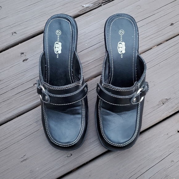 Vintage 90s y2k Bratz Black Faux Vegan Leather Chunky Heel Platform Buckle Mules - Picture 4 of 6